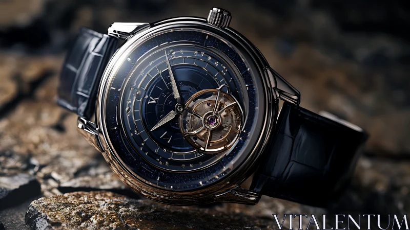 Astral blue tourbillon wristwatch on textured stone surface