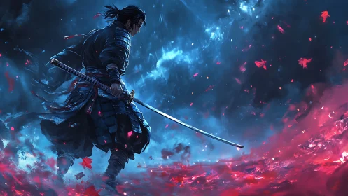Lone samurai poised between cold storm and crimson fire.