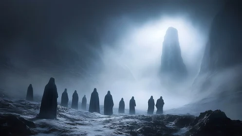 Cloaked pilgrims crossing a frozen valley of spectral light.
