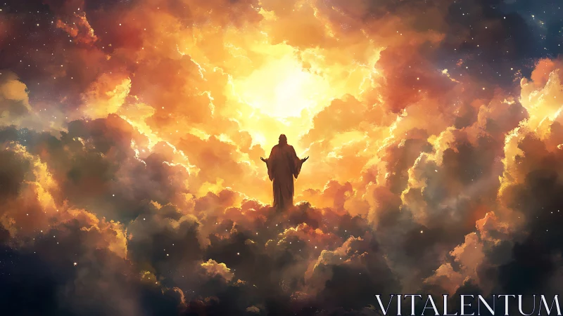 Radiant celestial figure rising through blazing cosmic clouds.