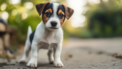 Photorealistic close-up of curious puppy in shallow depth field.