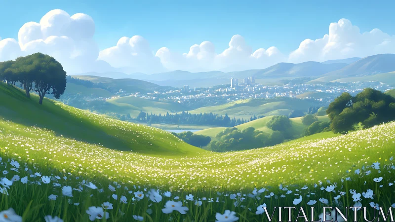 Green hills and wildflower meadow leading to distant town.