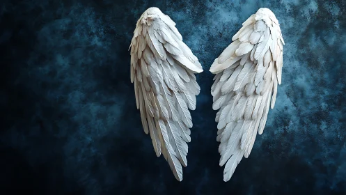White feathered wings on textured dark blue backdrop.