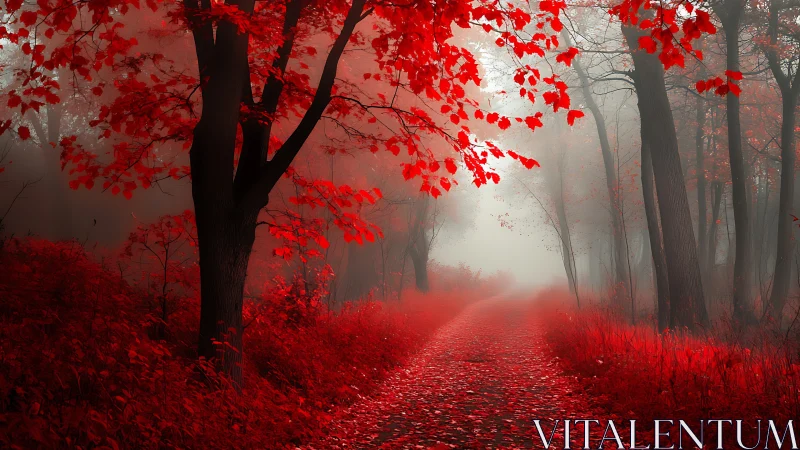 Crimson forest pathway receding into atmospheric white mist.