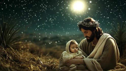 Sacred night scene of man cradling infant beneath bright star.