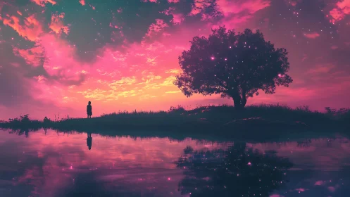 Silhouette stands by glowing tree under pink twilight sky