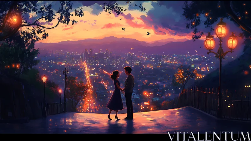 Couple at Sunset Overlooking Neon-Lit City Landscape.