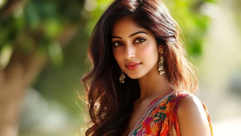 Graceful woman in colorful sari bathed in soft sunlight.