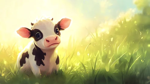 Gentle baby calf rests in golden sunlit meadow grass