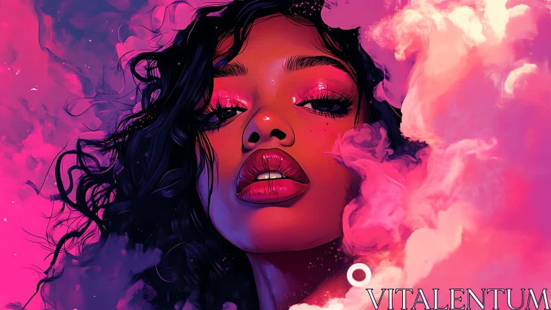 Neon-lit woman portrait emerges through radiant magenta smoke.