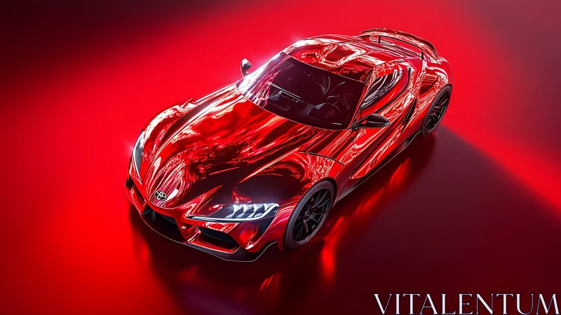 Sculpted red sports car glows under dramatic studio lighting