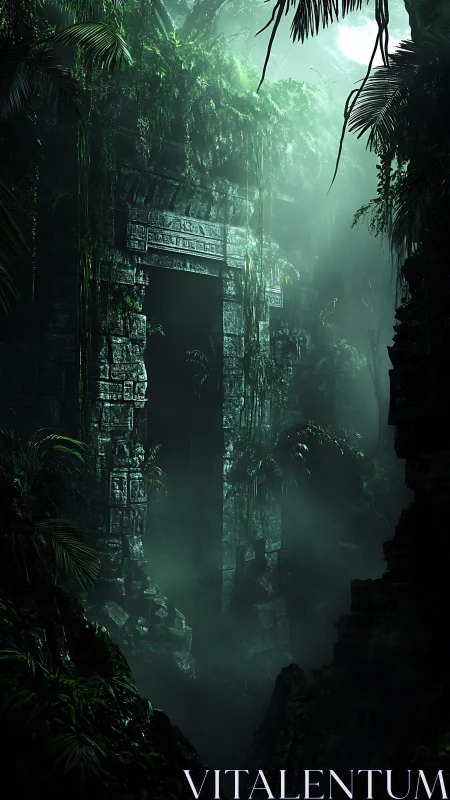 Ancient jungle temple entrance framed by dense foliage.