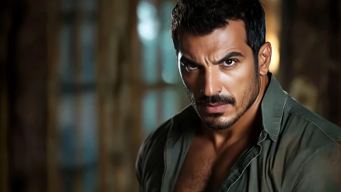 Intense male portrait with shallow depth and dramatic key lighting