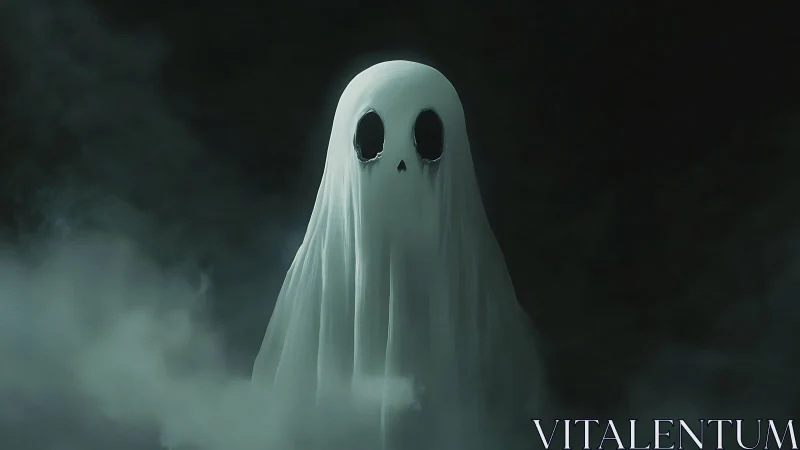 Ghostlike draped figure in mist against dark background.