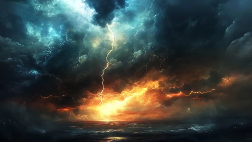 Lightning storm over burning horizon seascape at dusk.