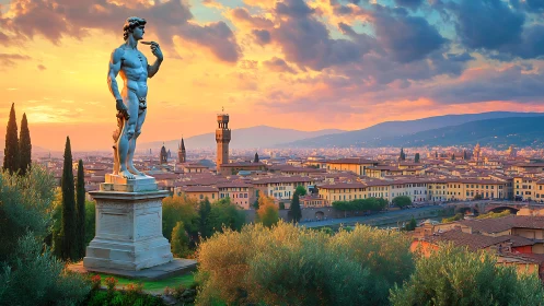 Sunlit statue watching over a golden Tuscan cityscape.