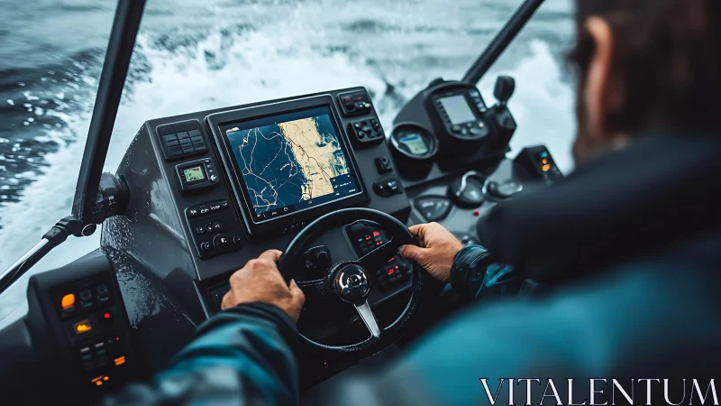 Marine navigator steering powerboat with integrated GPS display.
