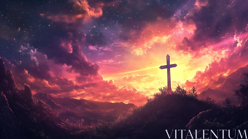 Lone hilltop cross glows beneath a blazing cosmic sunset sky