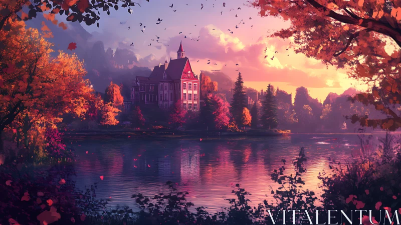 Lakeside manor stands amid dense autumn foliage at sunset