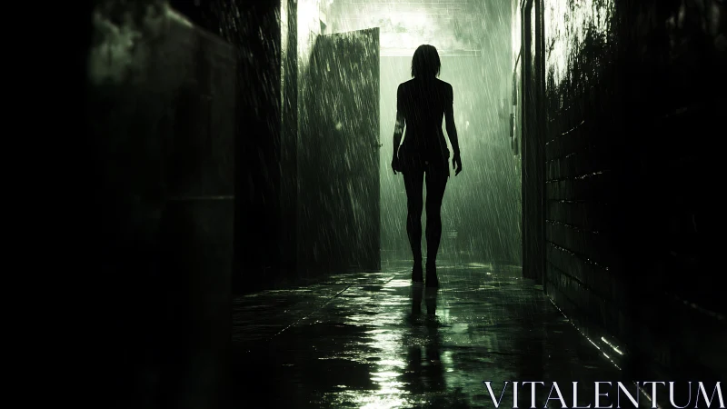 Silhouetted figure walks through narrow rainlit corridor.