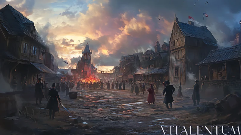 Colonial town street under burning stake pyre at dusk storm sky