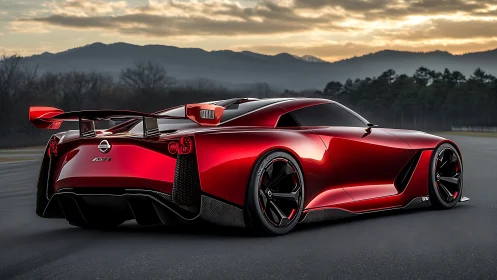Sunset cruise with a ruby red futuristic sports coupe.
