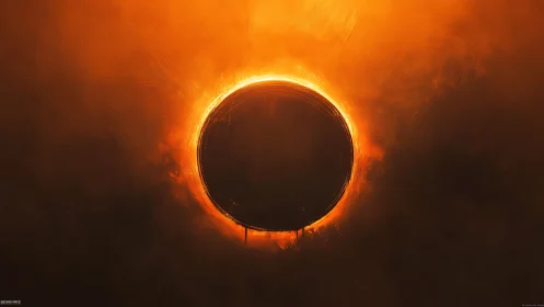 Solar eclipse core framed by blazing orange corona