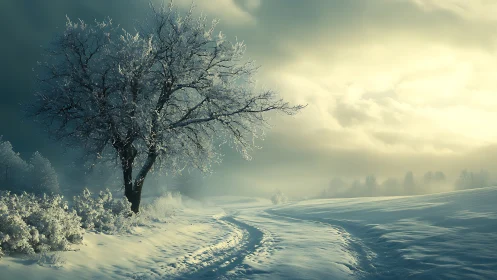 Frost laden solitary tree beside winding snow track at dawn