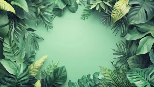 Tropical green leaf border around empty mint background.