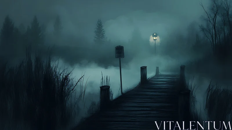 Misty lakeside boardwalk glows softly beneath a lone lamp