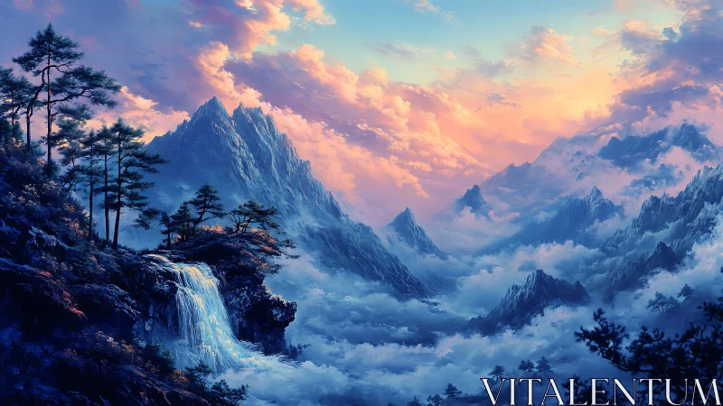 Dreamlit waterfall valley beneath glowing pastel peaks.