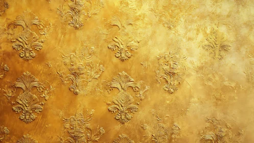 Gold textured wall with ornate damask relief pattern design.