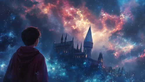Stargazing apprentice beholds a spelllit cosmic castle.