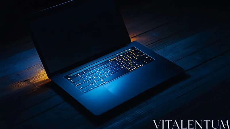 Laptop keyboard glowing under moody blue low light.
