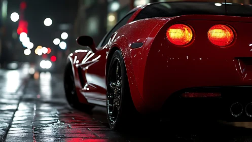 Red sports car waits under wet city lights at night