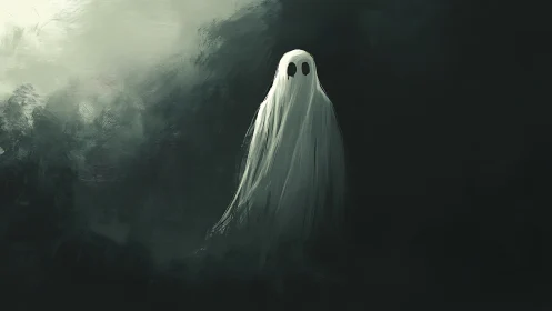 Solitary ghost drifts through dark misty void with hollow gaze