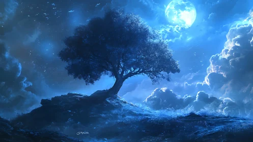 Solitary tree on ridge under bright full moonlit sky.