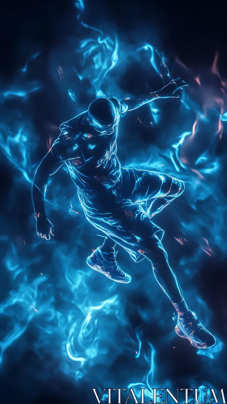 Electric basketball silhouette bursts through neon flames.