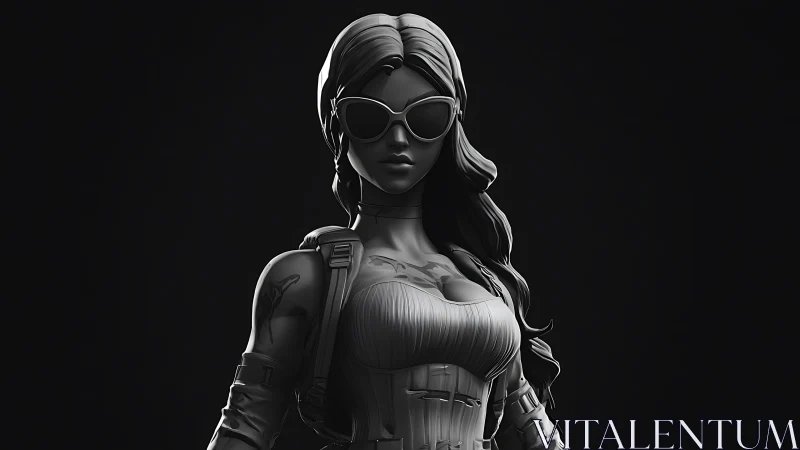 Confident sunglass warrior stands bold in sculpted grayscale