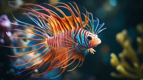 Radiant reef wanderer with glowing lionfish fins aglow.