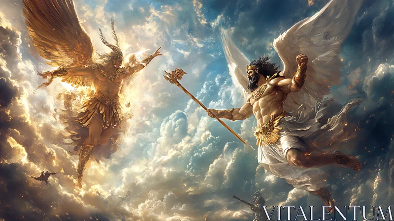 Winged armored figures in aerial confrontation above clouds.