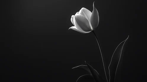 Single white tulip on dark background in side lighting.