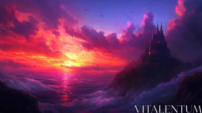 Crimson sunset bathes a stormy sea and a looming cliff castle