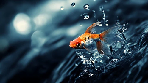Vivid orange goldfish leaps from dark rippling water.