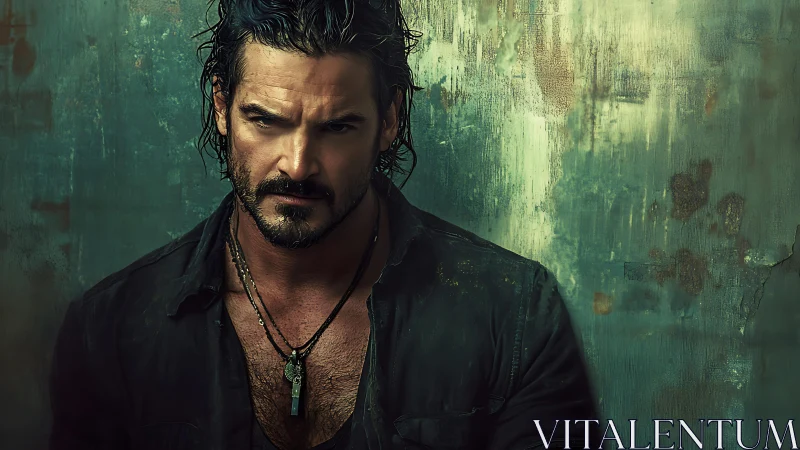 Bearded man with wet hair before textured green wall.