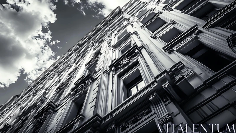 Skyward symphony of ornate façade and storm-tinted clouds.