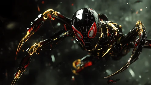 Chrome-clad spider cyborg lunges through molten shadows.