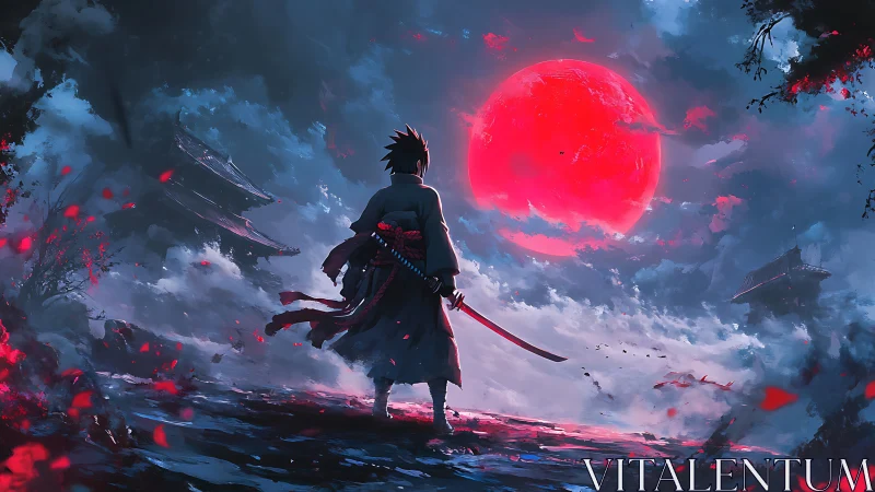 Lone samurai under blood red moon in stormy night sky.