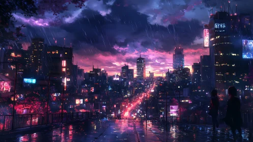 Rainy neon city sunset glowing with quiet evening hope.