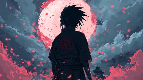 Lone ninja gazing up at a glowing crimson moonlit sky.